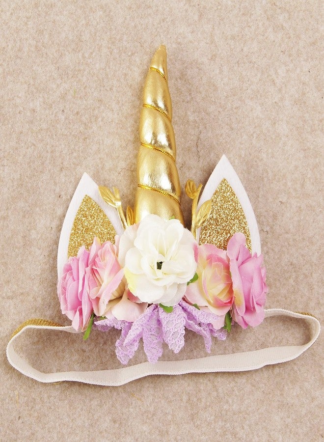 Nishine Roses Floral Unicorn Horn Headband Elastic Baby Girls Unicorn Hairband Party Supplies (Gold&Ivory) - Image 2